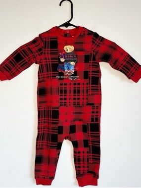 Red Plaid Ralph Lauren Polo Bear Fleece Coverall Christmas red in size 6 months